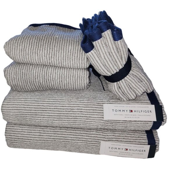 Tommy Hilfiger 8pc Striped Cotton Towel Set White Navy Gray Bath Hand Washcloths - Picture 1 of 11
